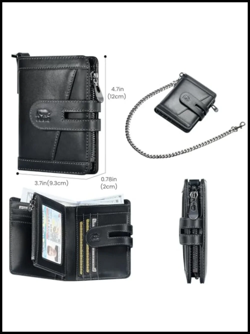 Genuine Leather RFID Blocking Chain Wallet 15 Slots Bifold Anti Theft